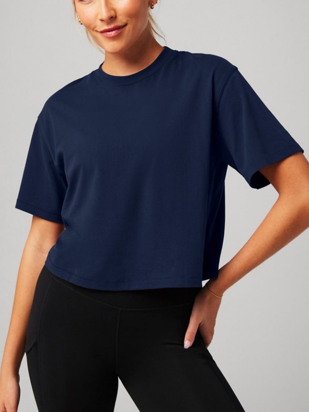 Fabletics Navy Cropped Crewneck Tee
